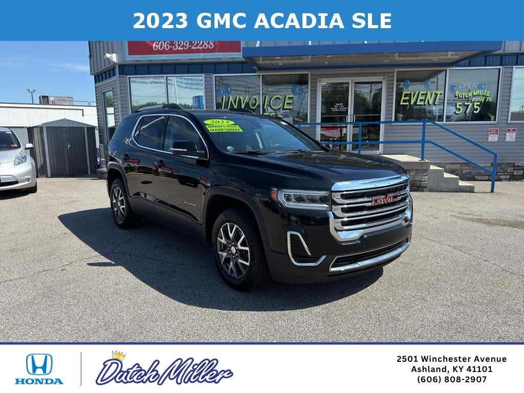 2023 GMC Acadia SLE in Ebony Twilight Metallic — front three-quarter view