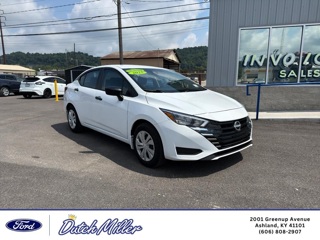 2025 Nissan Versa S in Fresh Powder — front three-quarter view